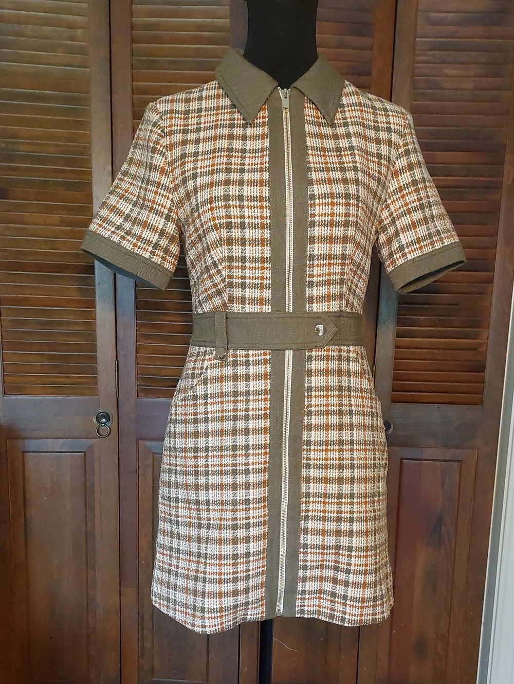 Patty Kim Green/Cream Plaid Louvre Short Sleeve Mini Dress Sz S